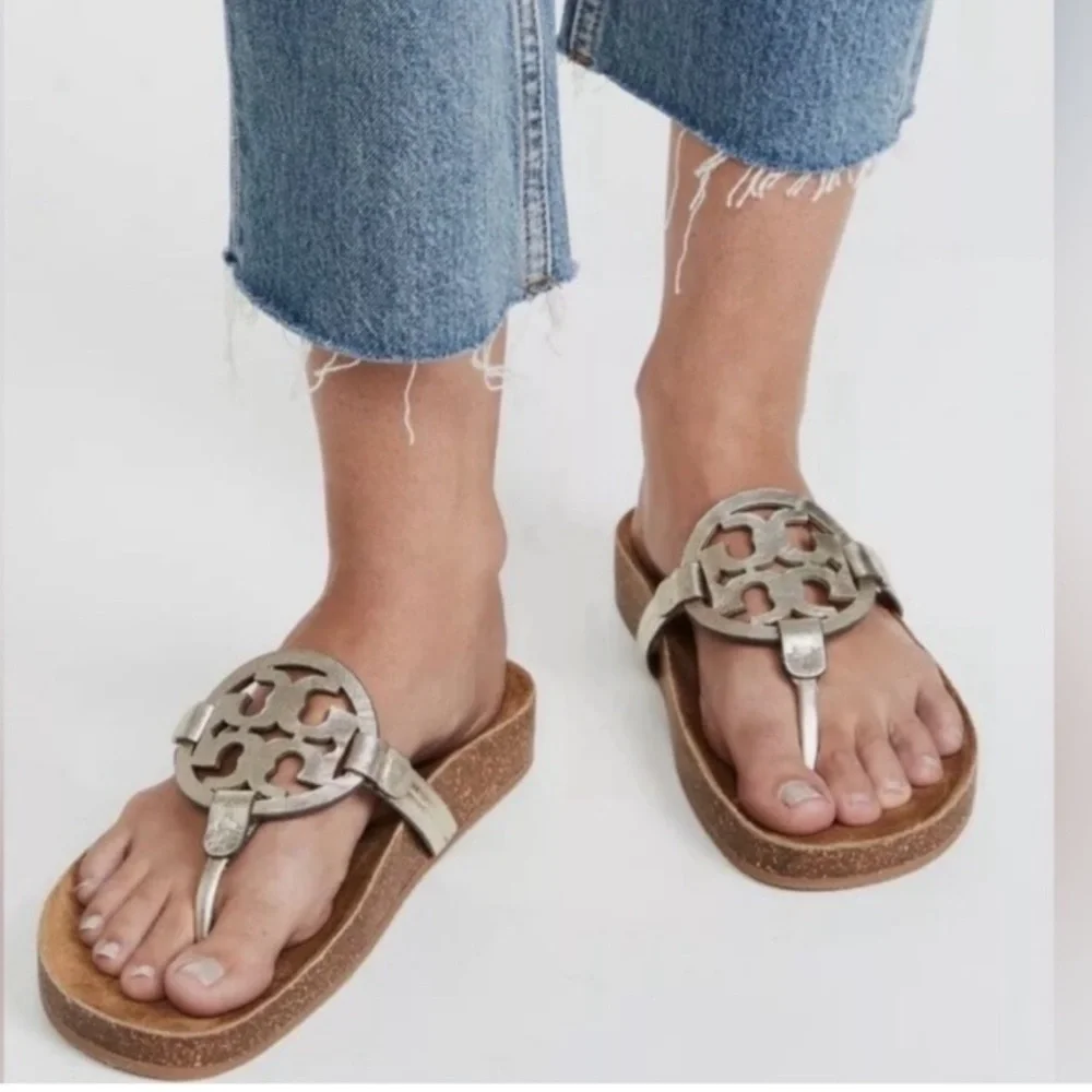 EUC Tory Burch Miller Cloud metallic goat leather cork Sandals